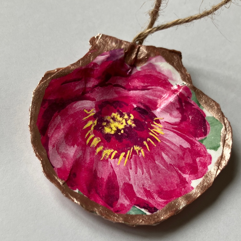 Handcrafted Shell Ornament Pink Floral Metallic Decoupage - Picture 1 of 3